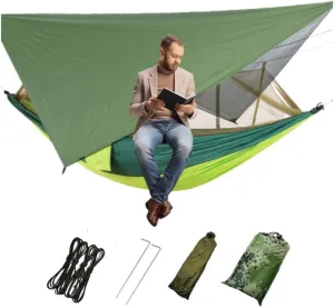 Portable Camping Hammock Hiking Hammock with Mosquito Net Rain Cover Dark Green