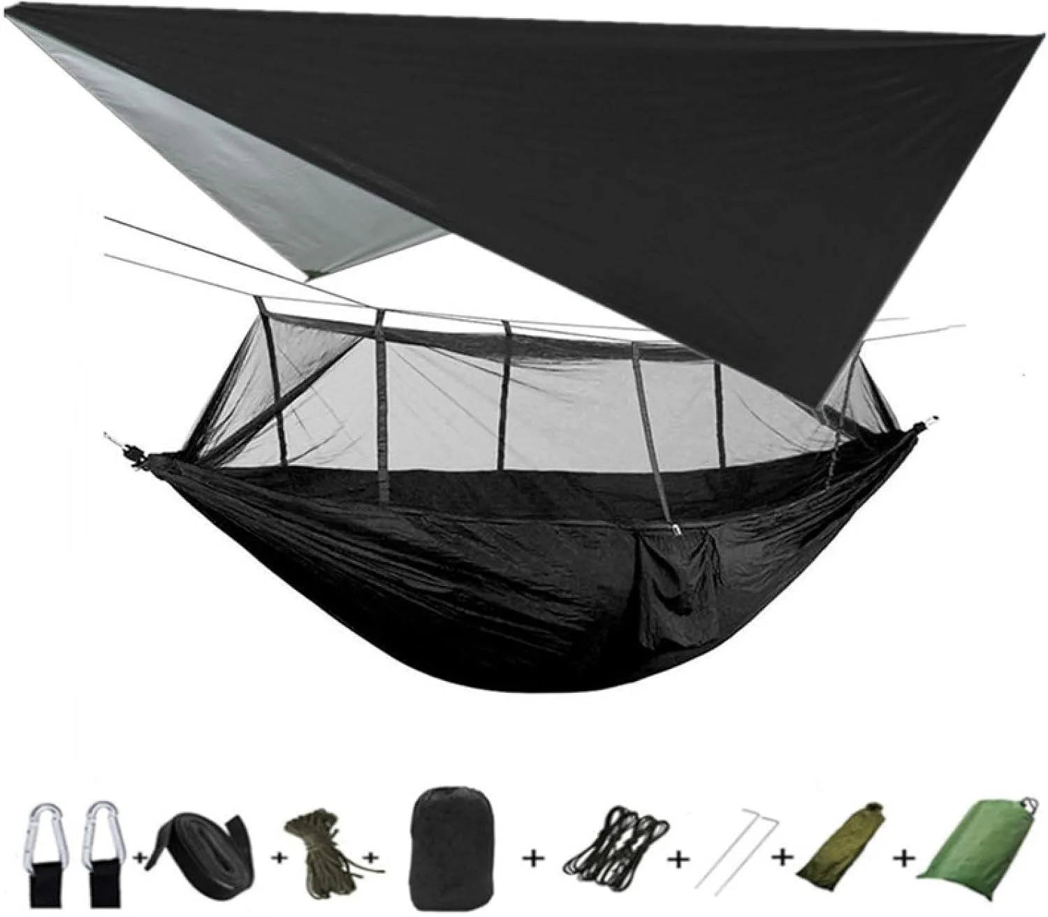 Portable Camping Hammock Lightweight and Tent Awning Rain Fly Tarp Waterproof Mosquito Net Hammock Canopy 210T Nylon Hammocks Blackandblack