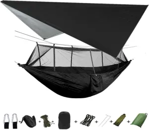 Portable Camping Hammock Lightweight and Tent Awning Rain Fly Tarp Waterproof Mosquito Net Hammock Canopy 210T Nylon Hammocks Blackandblack