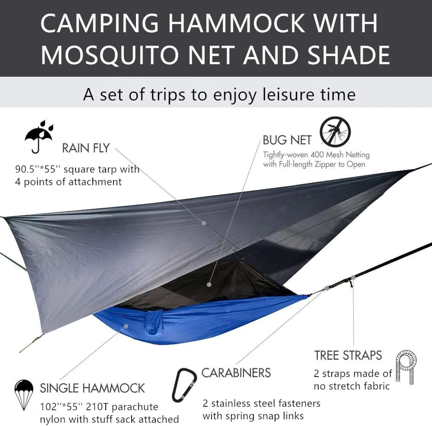 Portable Camping Hammock Lightweight and Tent Awning Rain Fly Tarp Waterproof Mosquito Net Hammock Canopy 210T Nylon Hammocks Blackandgrey