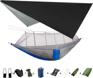 Portable Camping Hammock Lightweight and Tent Awning Rain Fly Tarp Waterproof Mosquito Net Hammock Canopy 210T Nylon Hammocks Blackandgrey