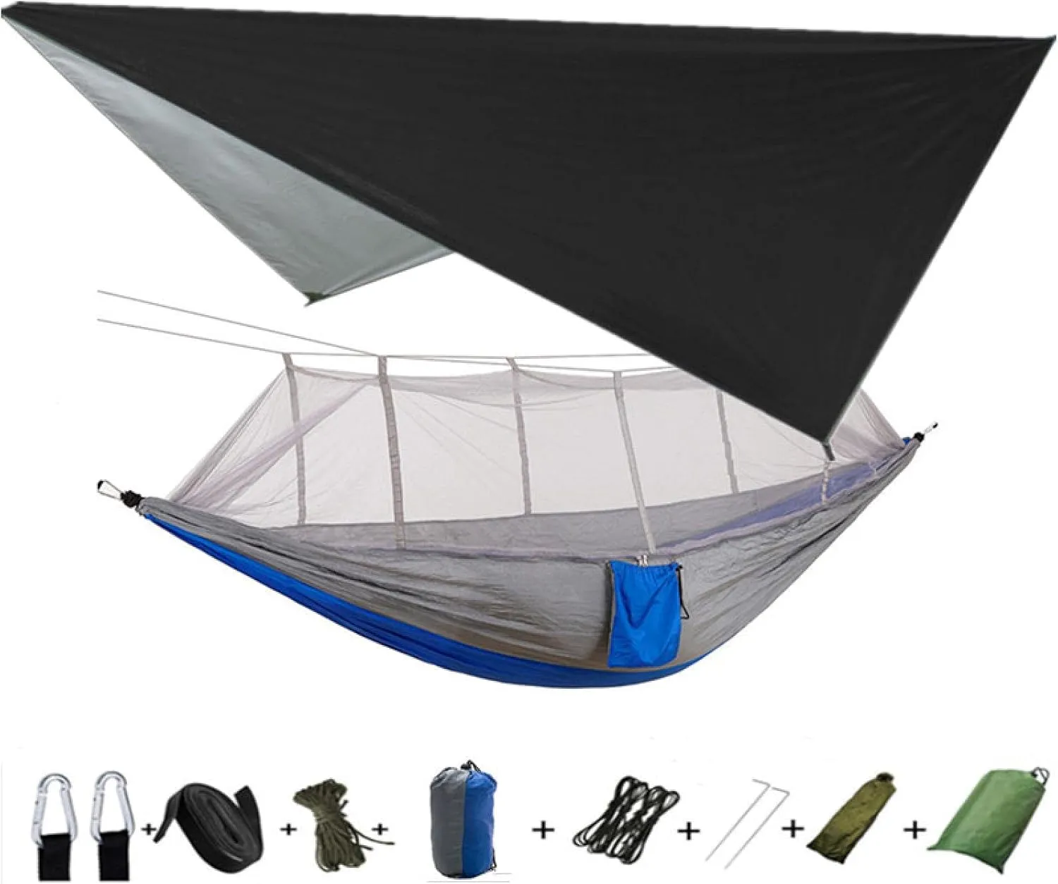 Portable Camping Hammock Lightweight and Tent Awning Rain Fly Tarp Waterproof Mosquito Net Hammock Canopy 210T Nylon Hammocks Blackandgrey
