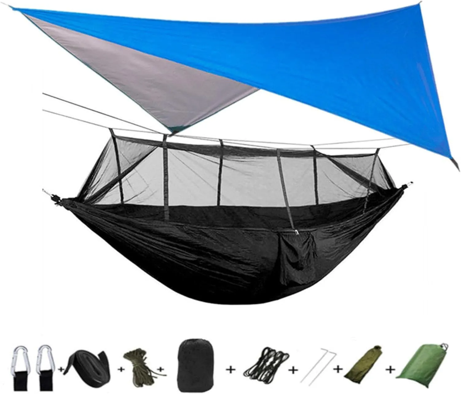 Portable Camping Hammock Lightweight and Tent Awning Rain Fly Tarp Waterproof Mosquito Net Hammock Canopy 210T Nylon Hammocks Blueandblack