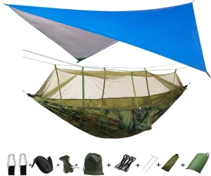 Portable Camping Hammock Lightweight and Tent Awning Rain Fly Tarp Waterproof Mosquito Net Hammock Canopy 210T Nylon Hammocks Blueandcamouflage