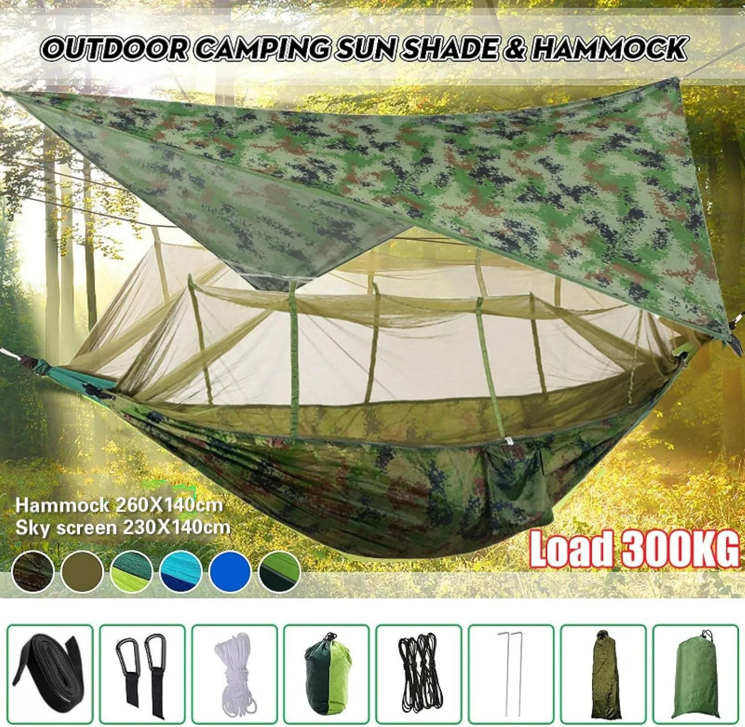 Portable Camping Hammock Lightweight and Tent Awning Rain Fly Tarp Waterproof Mosquito Net Hammock Canopy 210T Nylon Hammocks Blueandgray
