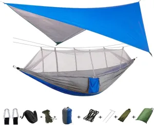 Portable Camping Hammock Lightweight and Tent Awning Rain Fly Tarp Waterproof Mosquito Net Hammock Canopy 210T Nylon Hammocks Blueandgray