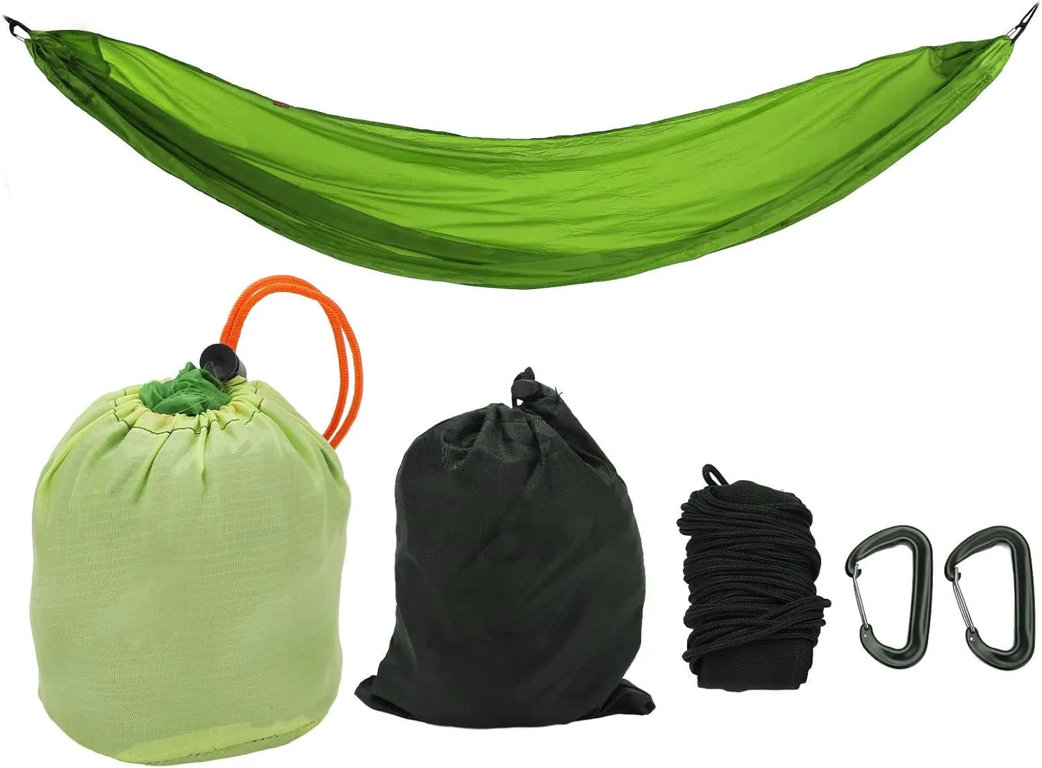 Portable Camping Hammock, Parachute Design with Anti Rollover Sides, Foldable to Palm Size, 200kg Bearing Capacity, Reinforced Aluminum Hooks, High Toughness Nylon Silicone (Grass Green)