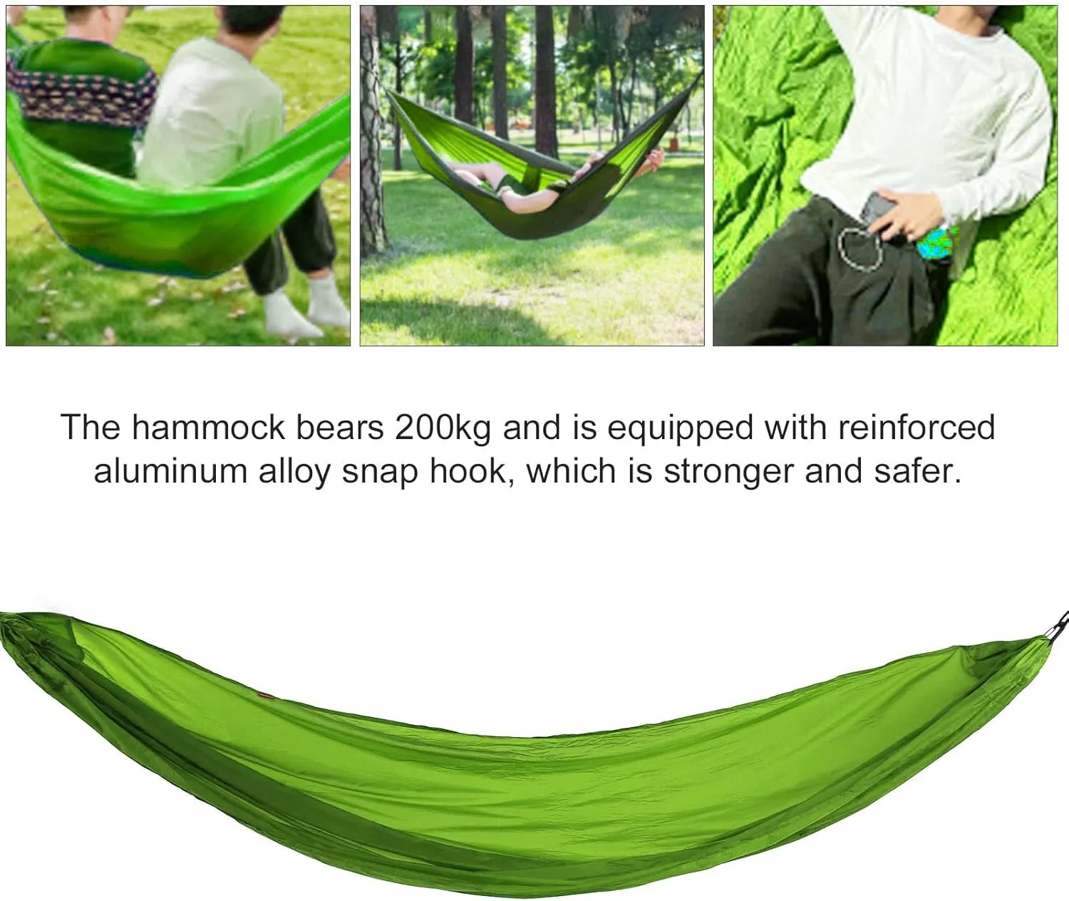 Portable Camping Hammock, Parachute Design with Anti Rollover Sides, Foldable to Palm Size, 200kg Bearing Capacity, Reinforced Aluminum Hooks, High Toughness Nylon Silicone (Grass Green)