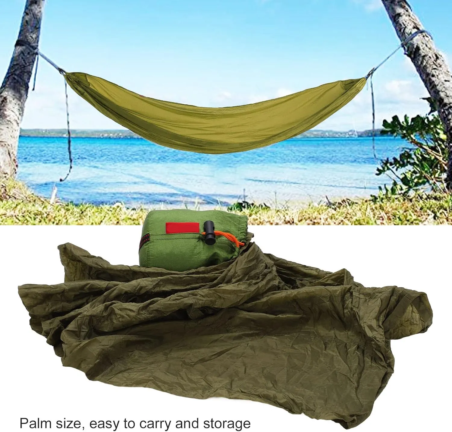 Portable Camping Hammock, Parachute Design with Anti Rollover Sides, Foldable to Palm Size, 200kg Bearing Capacity, Reinforced Aluminum Hooks, High Toughness Nylon Silicone (OD Green)