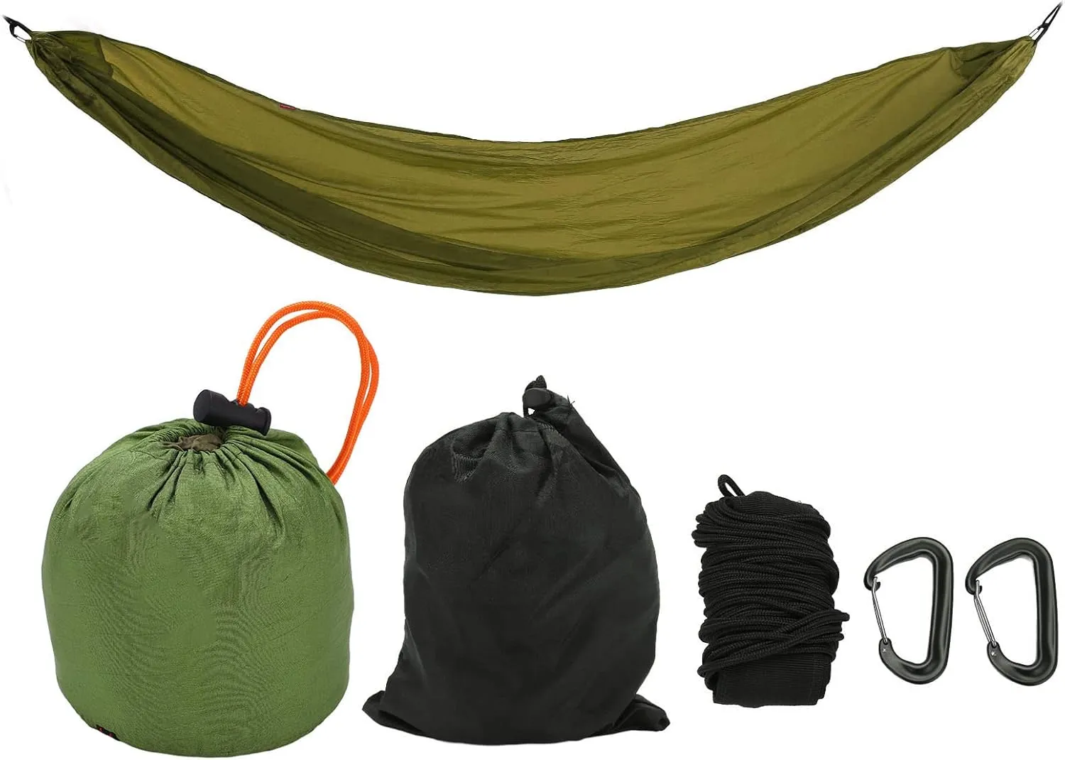 Portable Camping Hammock, Parachute Design with Anti Rollover Sides, Foldable to Palm Size, 200kg Bearing Capacity, Reinforced Aluminum Hooks, High Toughness Nylon Silicone (OD Green)