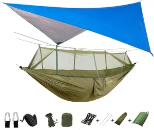 Portable Camping Hammock with Mosquito net and rain Cloth, Hammock Canopy Nylon Hammock Double Hammock Hiking Terrace Furniture Blueandgreen