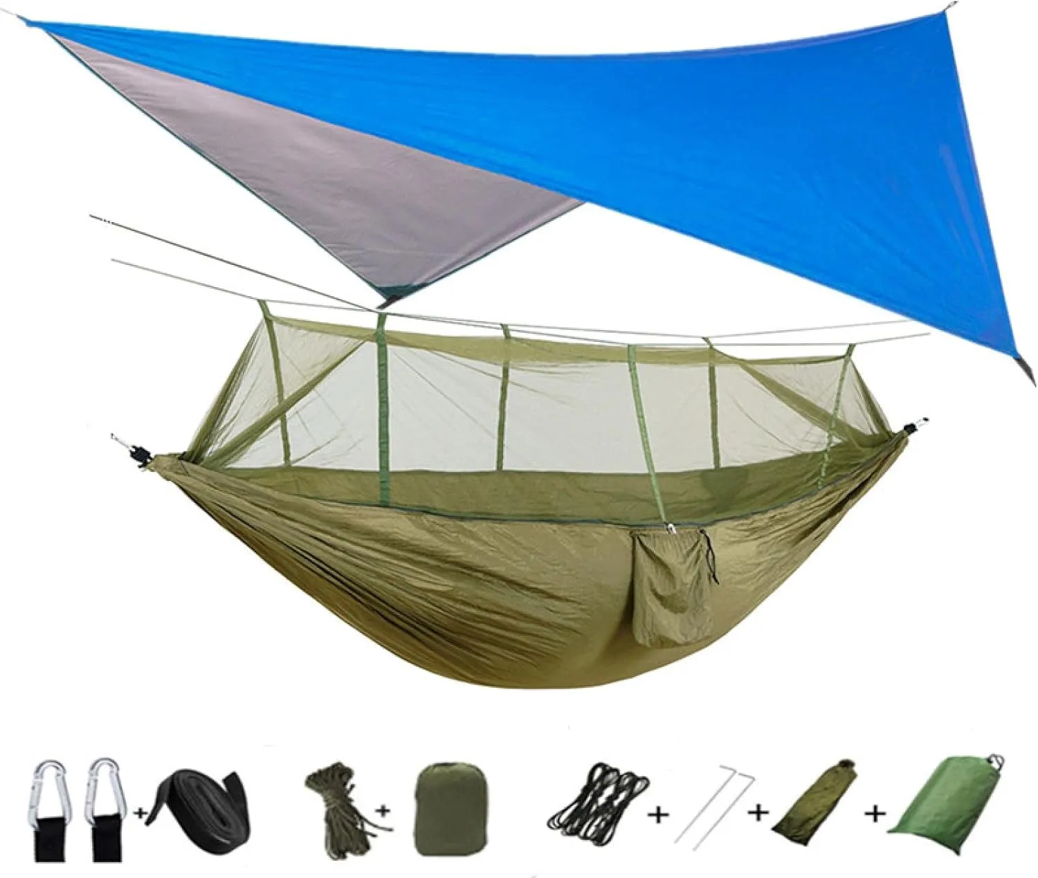 Portable Camping Hammock with Mosquito net and rain Cloth, Hammock Canopy Nylon Hammock Double Hammock Hiking Terrace Furniture Blueandgreen