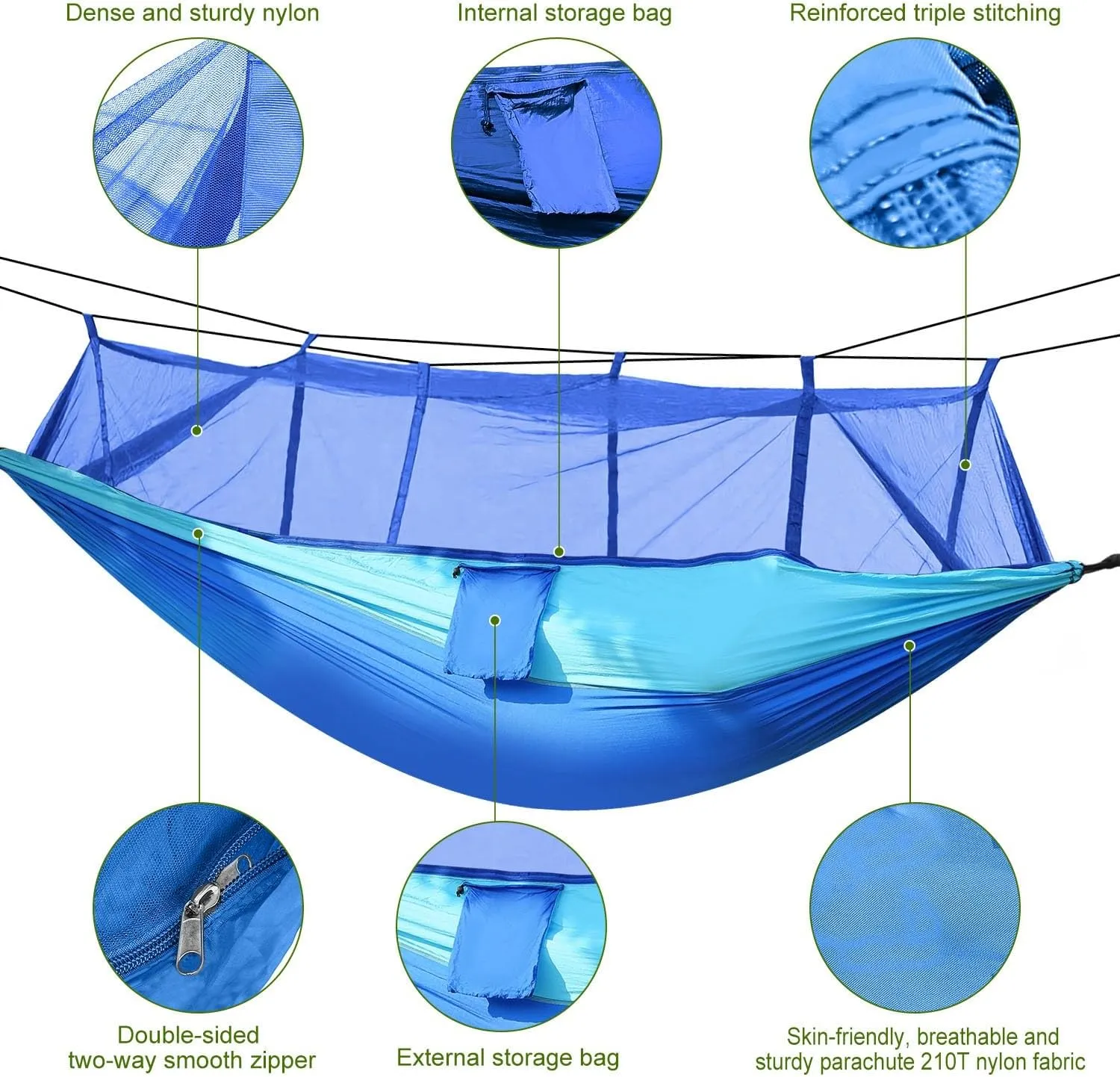 Portable Double Camping Hammock with Mosquito Net, Outdoor Hiking Camping Hommock, Lightweight Travel Hammock, Foldable Camping Hammock for Outdoor, Travel, Blue