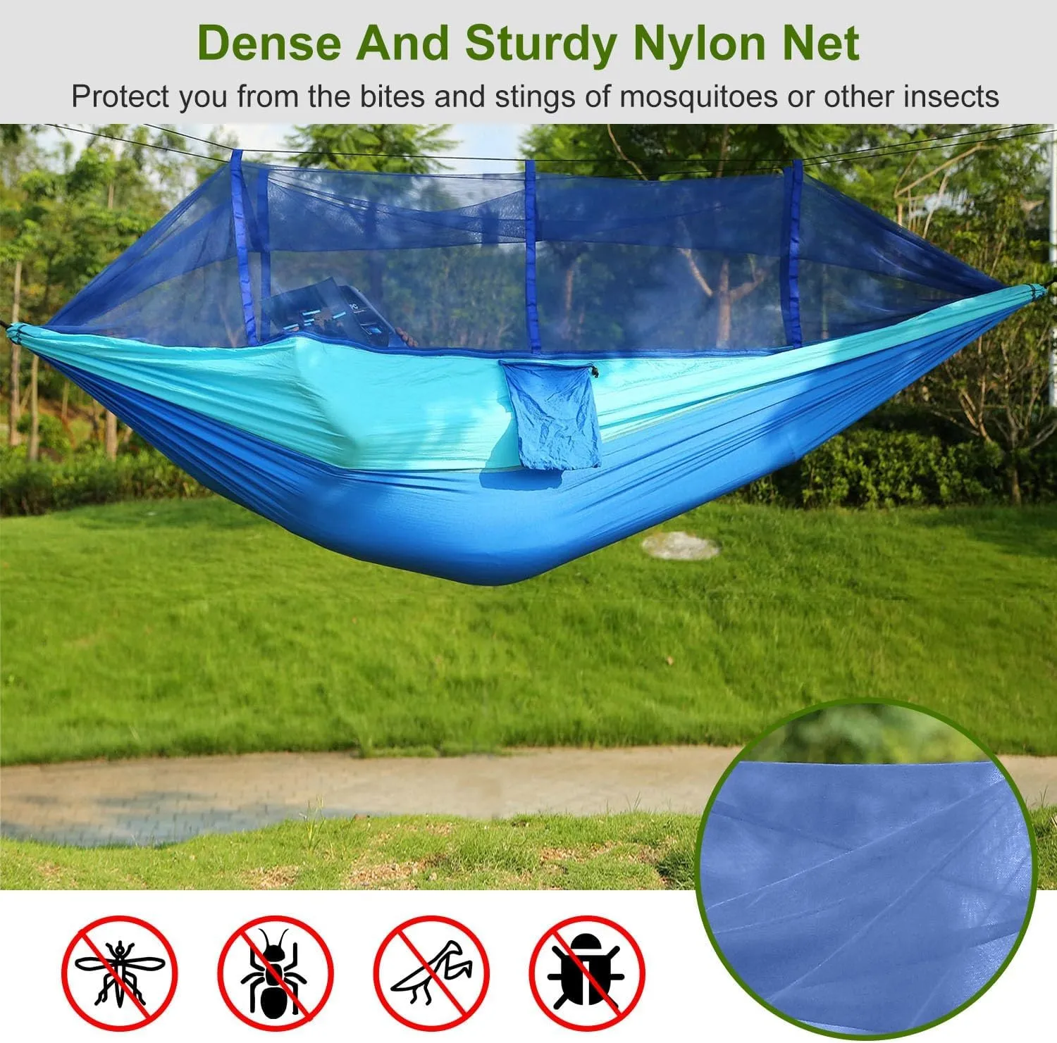 Portable Double Camping Hammock with Mosquito Net, Outdoor Hiking Camping Hommock, Lightweight Travel Hammock, Foldable Camping Hammock for Outdoor, Travel, Blue