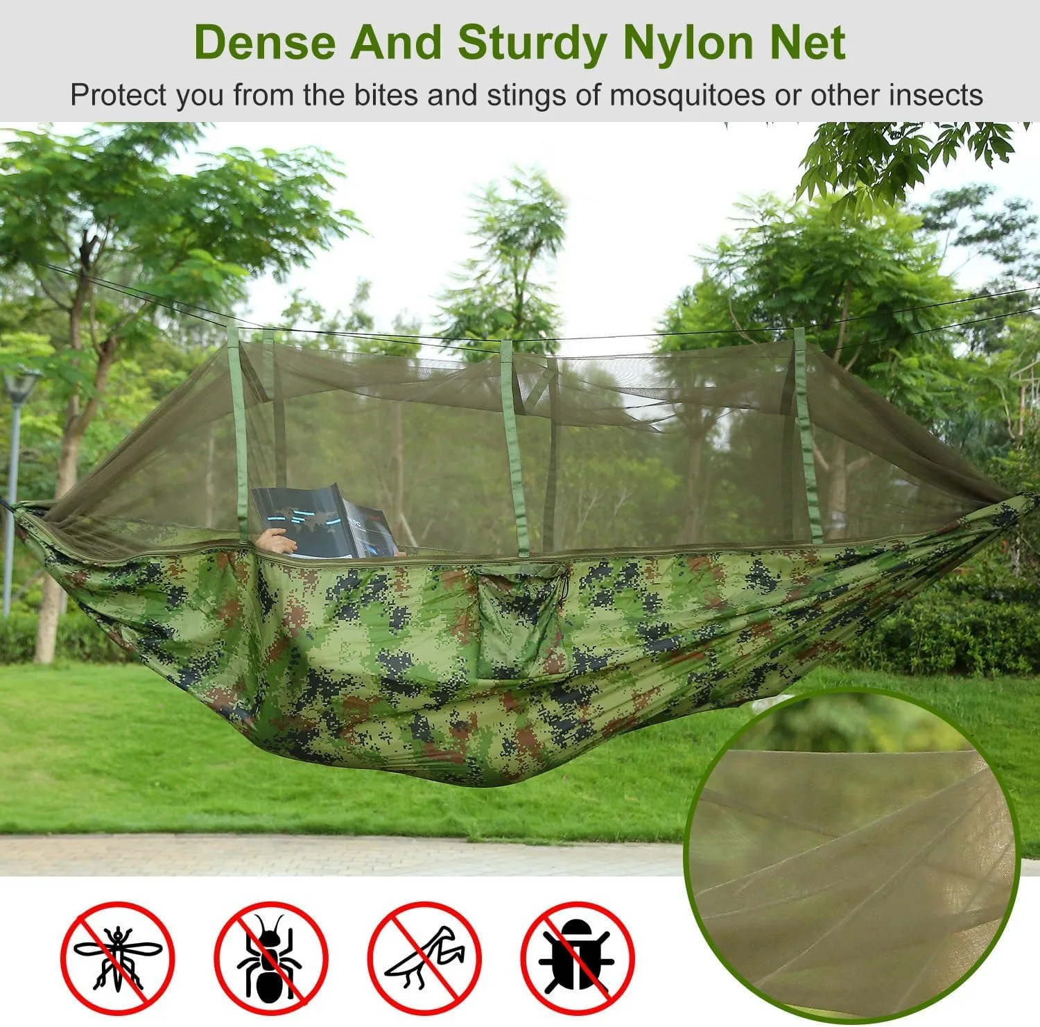 Portable Double Camping Hammock with Mosquito Net, Outdoor Hiking Camping Hommock, Lightweight Travel Hammock, Foldable Camping Hammock for Outdoor, Travel, Camouflage