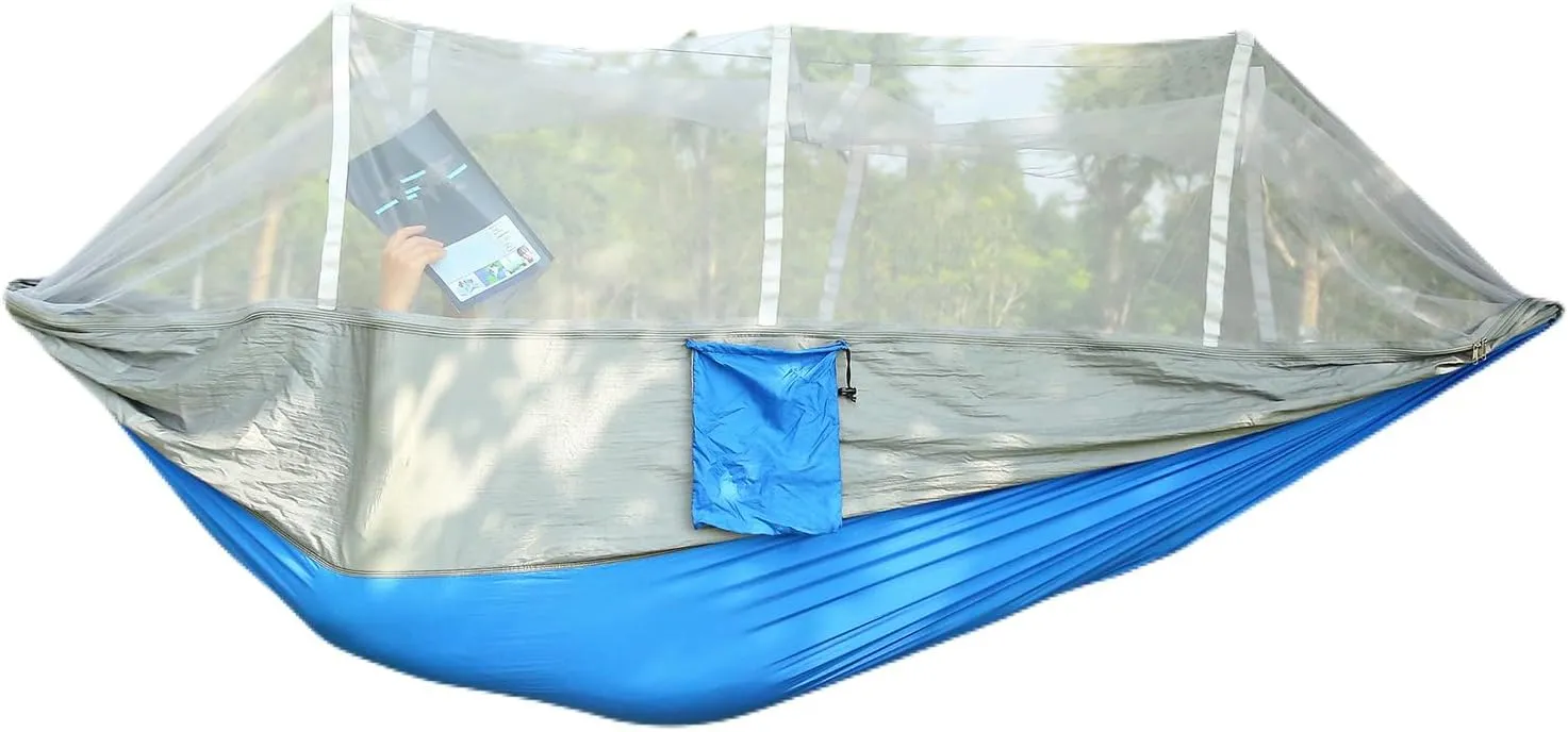 Portable Double Camping Hammock with Mosquito Net, Outdoor Hiking Camping Hommock, Lightweight Travel Hammock, Foldable Camping Hammock for Outdoor, Travel, Gray and Blue