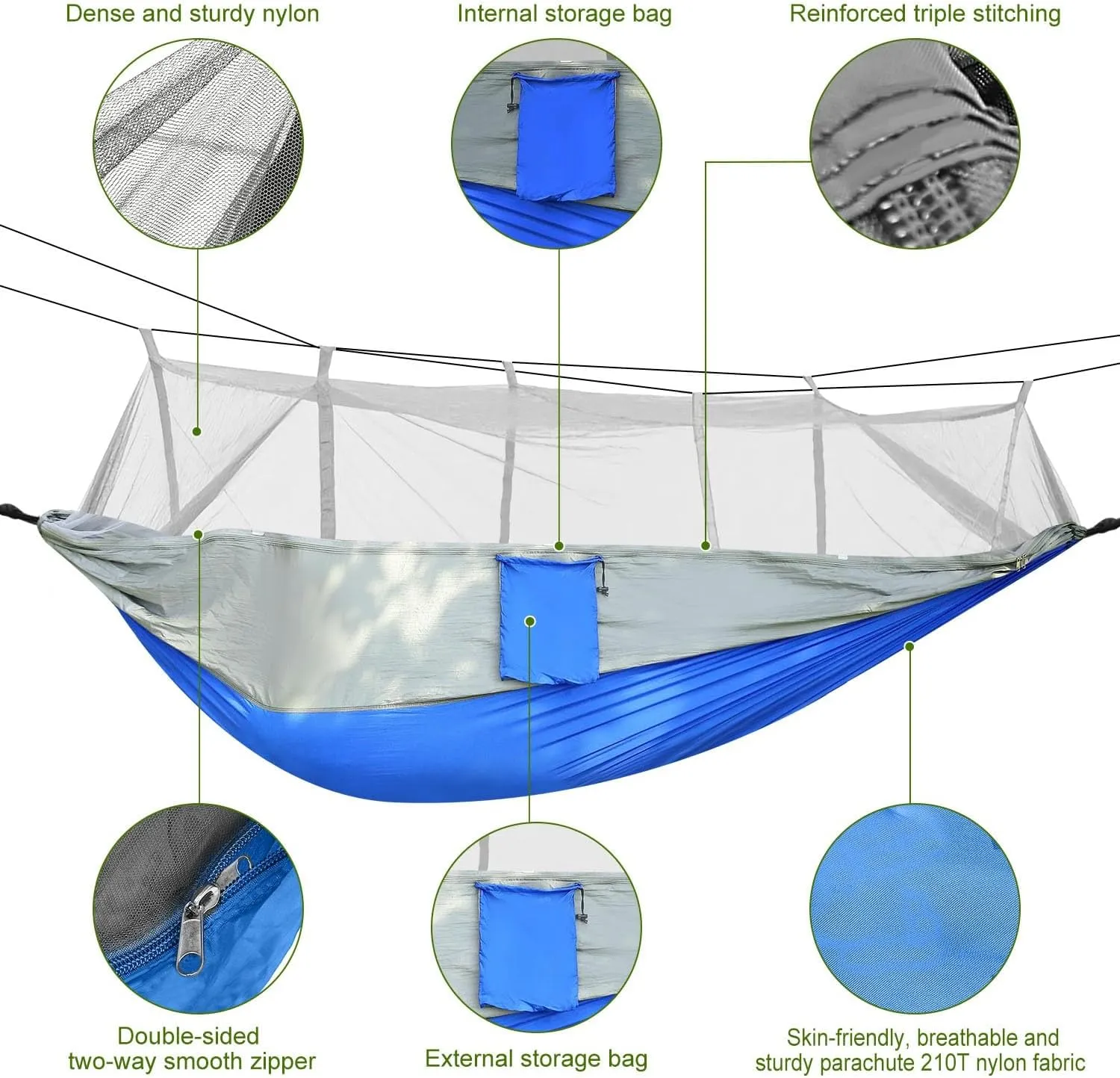 Portable Double Camping Hammock with Mosquito Net, Outdoor Hiking Camping Hommock, Lightweight Travel Hammock, Foldable Camping Hammock for Outdoor, Travel, Gray and Blue