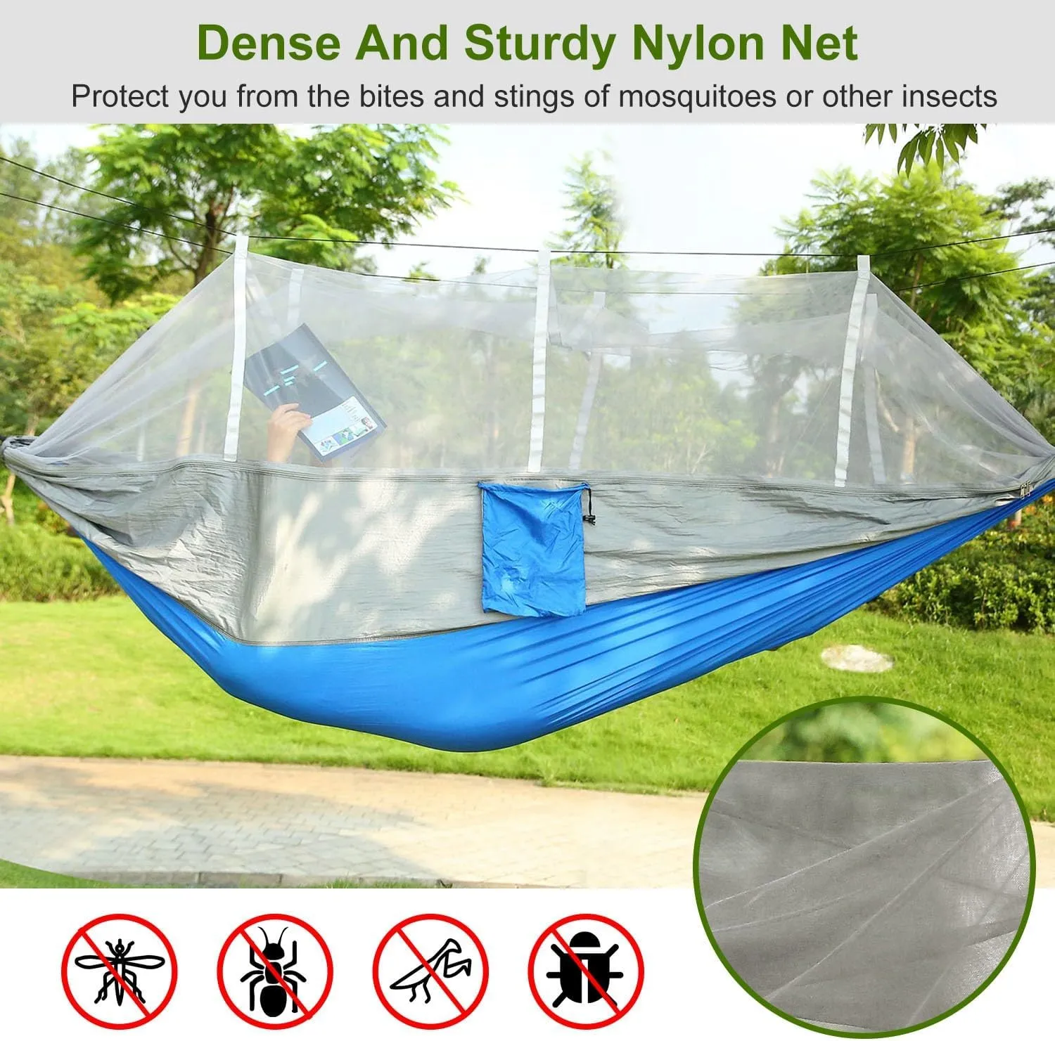 Portable Double Camping Hammock with Mosquito Net, Outdoor Hiking Camping Hommock, Lightweight Travel Hammock, Foldable Camping Hammock for Outdoor, Travel, Gray and Blue