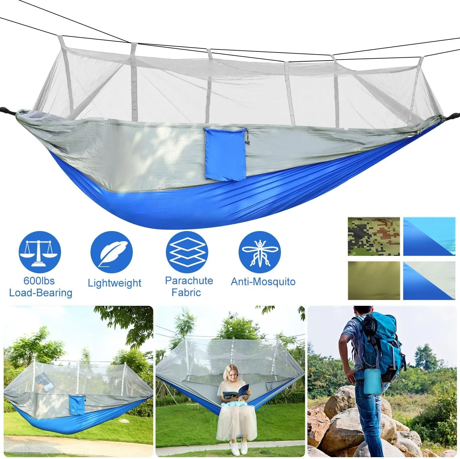 Portable Double Camping Hammock with Mosquito Net, Outdoor Hiking Camping Hommock, Lightweight Travel Hammock, Foldable Camping Hammock for Outdoor, Travel, Gray and Blue