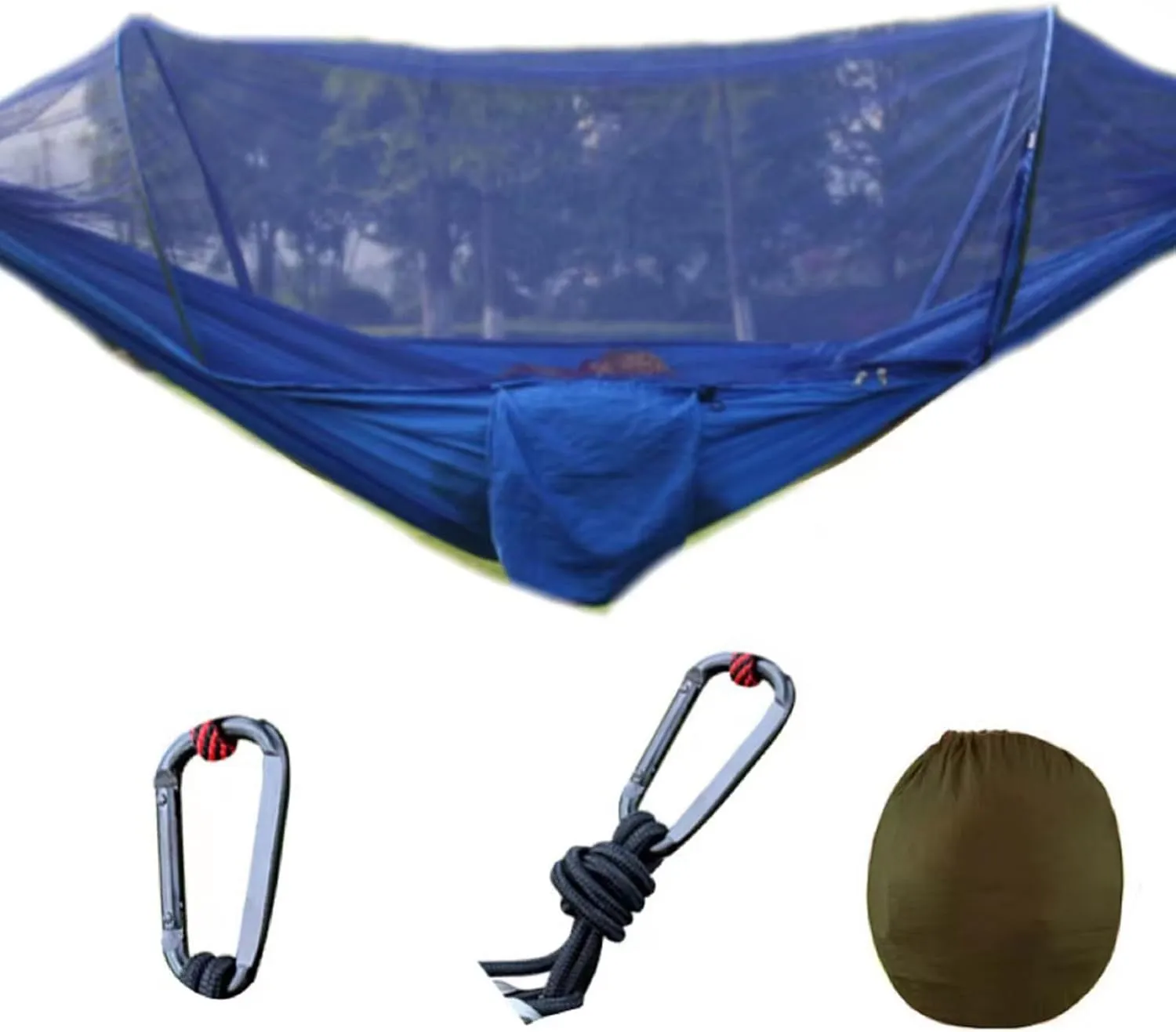 Portable Double Hammock, Lightweight Parachute Swing with Net Large Vision Travel Hammock Tent for Backpacking Hiking Outdoor (Blue)
