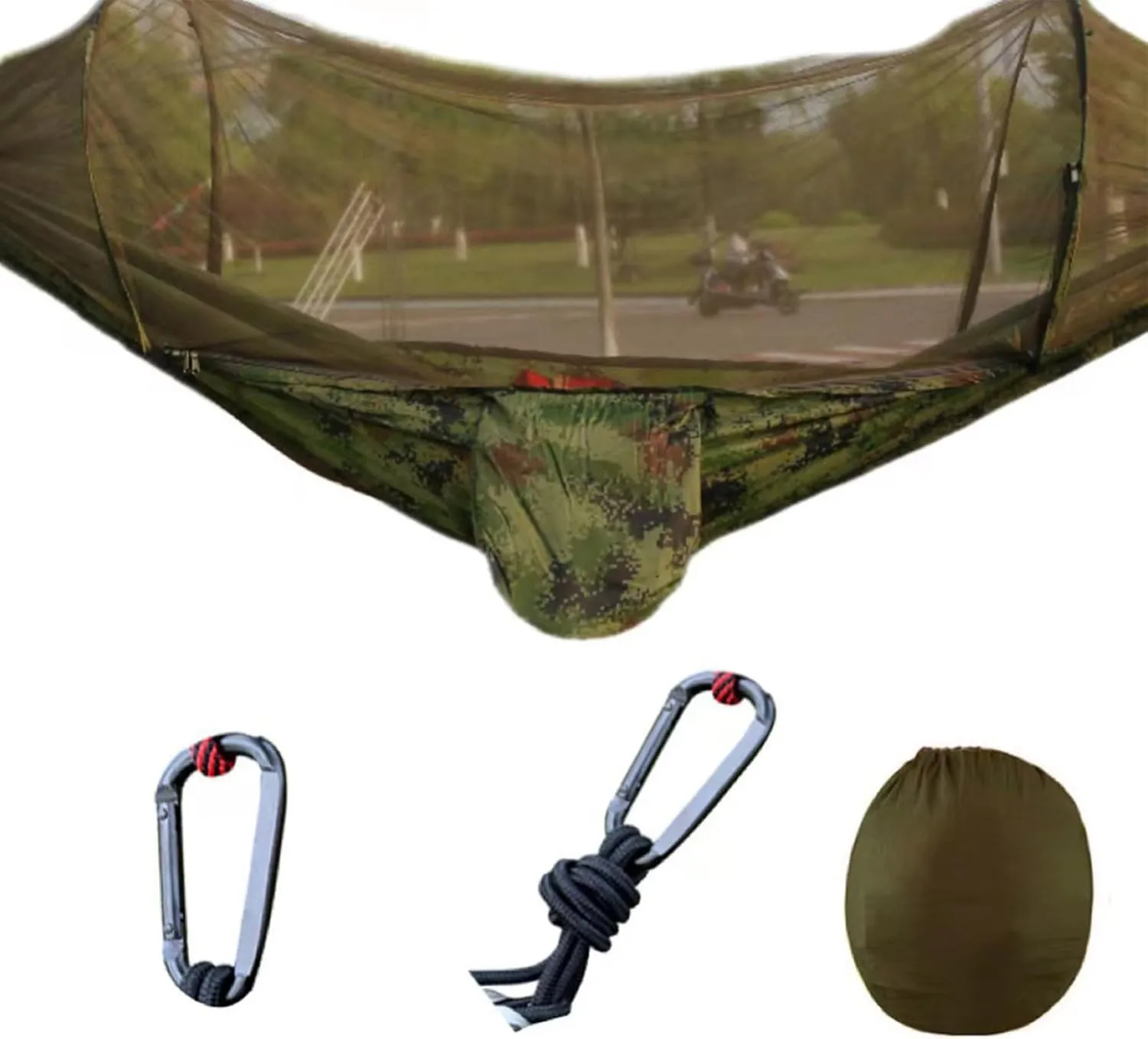 Portable Double Hammock, Lightweight Parachute Swing with Net Large Vision Travel Hammock Tent for Backpacking Hiking Outdoor (Coloured)