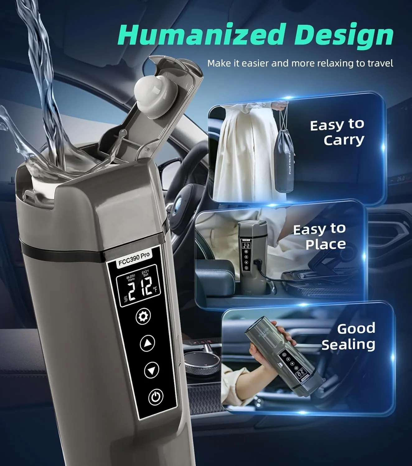 Portable Electric Car Kettle: 12V/24V Kettle Mini Water Boiler for Car Heated Travel Mug,Smart Precision Temperature Adjustment Coffee Tea Truck Cup with Handy Kettle Bag (Taupe, 400ML)