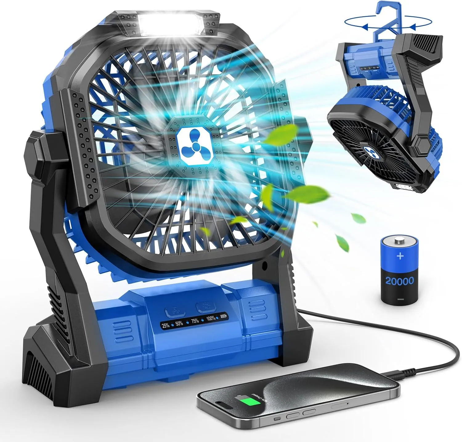 Portable Fan Rechargeable, Cordless Battery Powered Fan with LED Lantern 20000mAh, USB C Battery Operated for Travel Bedroom Home Camping Tent Office Beach Desk Picnic Barbecue Fishing Table