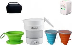 Portable Foldable Electric Travel Kettle, 800ML/27oz, White with Two Folding Cups and One Coffee Dripper,110V & 220V Dual Voltage, Food Grade Silicone, Universal Travel Adaptor and Case