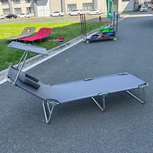 Portable Folding Bed for Adults with Neck Strap Metal Canvas Fold Up Bed with Sunshade Cots for Camping with Handles Load Bearing 160kg for Guest, Travel, Vacation, Camping(Gray)