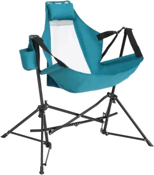 Portable Hammock Camping Chair w/Pillow & Cup Holder, Steel Frame Foldable Recliner for Outdoor (Blue   Steel)