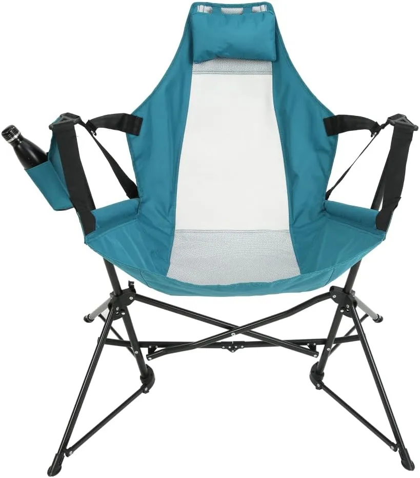 Portable Hammock Camping Chair w/Pillow & Cup Holder, Steel Frame Foldable Recliner for Outdoor (Blue   Steel)