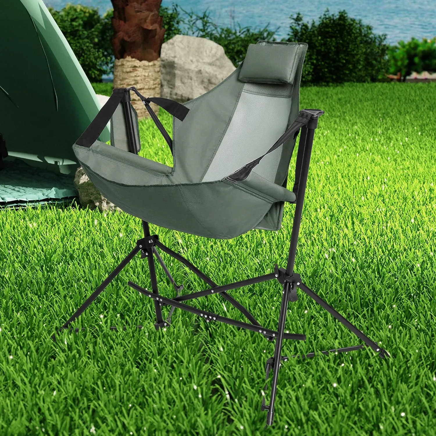 Portable Hammock Camping Chairs - Lightweight Adjustable Rocking Recliner with Pillow & Cup Holder, Foldable Aluminum Alloy Outdoor Chair for Backyard, Hiking, Travel, Concerts, Supports 300lbs