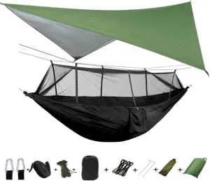 Portable Hammock Lightweight Portable Camping Hammock and Tent Awning Rain Fly Tarp Waterproof Mosquito Net Hammock Canopy Nylon Hammocks (Color : Green and Camouflage) (Green and Black)