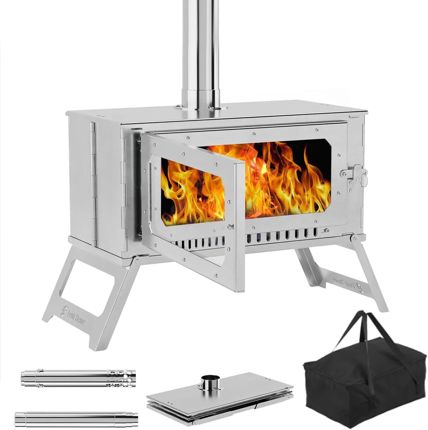 Portable Hot Tent Stove With Chimney Pipes,Wood Burning Stove for Camping Tent Stove With View Glass, Camping Wood Stove Stainless Steel for Outdoor Heating and Cooking