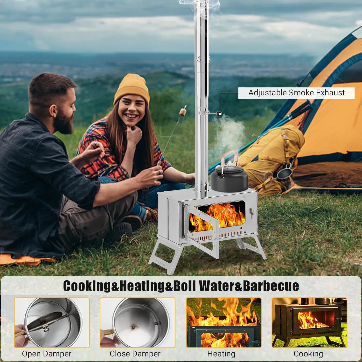 Portable Hot Tent Stove With Chimney Pipes,Wood Burning Stove for Camping Tent Stove With View Glass, Camping Wood Stove Stainless Steel for Outdoor Heating and Cooking