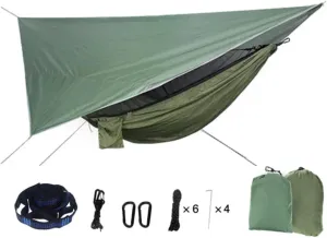Portable Mosquito Net Nylon Camping Hammock with Waterproof Rain Fly Canopy Tarp Outdoor Hanging Bed Sleeping