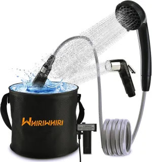 Portable Shower Camping Outdoor Camp Shower Pump, Rechargeable Battery Powered Shower 2 Head with Foldable Collapsible Bucket, Large Water Flow for Hiking, Traveling, Beach Washing Cleaning
