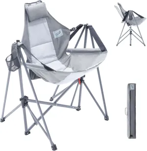 Portable Swing Hammock Chair | Foldable Recliner Rocking Lounger with Headrest & Drink Holder | Outdoor Sports, Beach, Lawn, Hunting, Tailgating, Fishing | Supports 300Lbs (Grey)