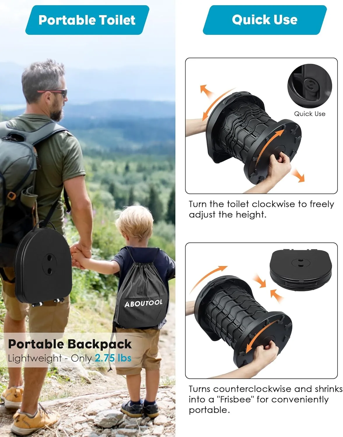 Portable Toilet for Adults, Adjustable Height Camping Toilet Portable, Outdoor Emergency Toilet for Car, Travel, Camping, and Hiking, Comfortable Portable Potty for Adults with 20 Toilet Bags