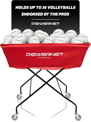 PowerNet Volleyball Wheeled Cart, Rolling Collapsible Cart for Volleyballs, Portable Hammock Ball Cart, Indoor and Outdoor Multisport Ball Caddy, Two Sizes