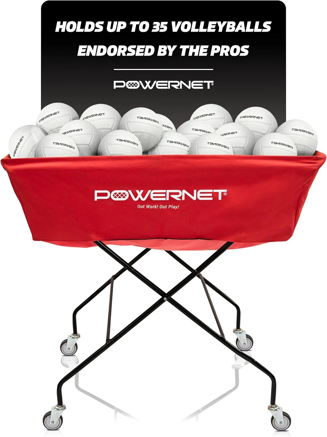 PowerNet Volleyball Wheeled Cart, Rolling Collapsible Cart for Volleyballs, Portable Hammock Ball Cart, Indoor and Outdoor Multisport Ball Caddy, Two Sizes