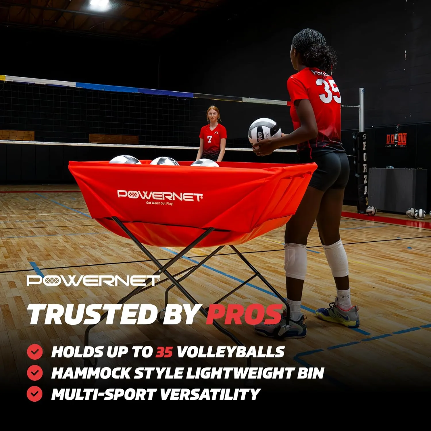 PowerNet Volleyball Wheeled Cart, Rolling Collapsible Cart for Volleyballs, Portable Hammock Ball Cart, Indoor and Outdoor Multisport Ball Caddy, Two Sizes