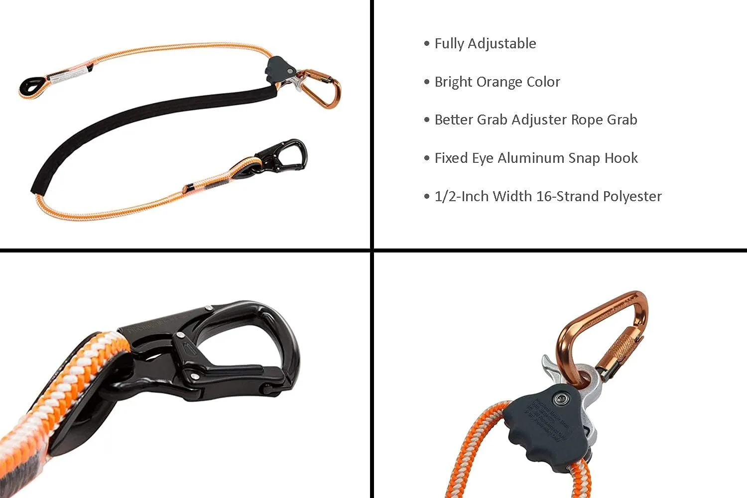 ProClimb Arborist Positioning Lanyard by Pelican Rope - 1/2 in x 10 ft Polyester Rope with Aluminum Snap Hook - Adjustable, High Visibility, ANSI/OSHA Certified for Work Positioning and Tree Climbing