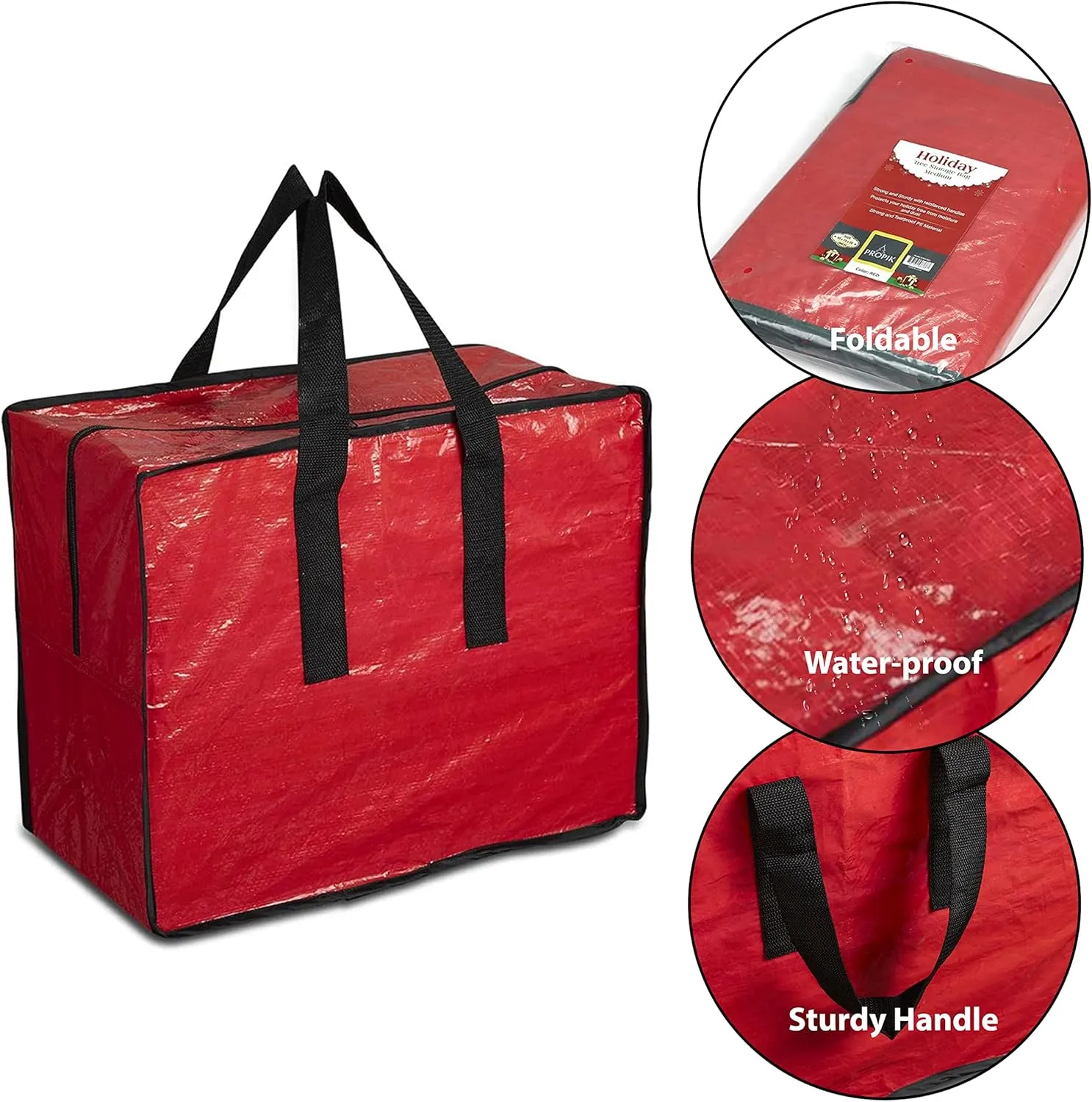 ProPik Christmas Ornaments Storage, Holiday Accessories Bag Tear-Proof Tarp 18 X 10 X 15 with Handles and Full Length Zipper (Red)