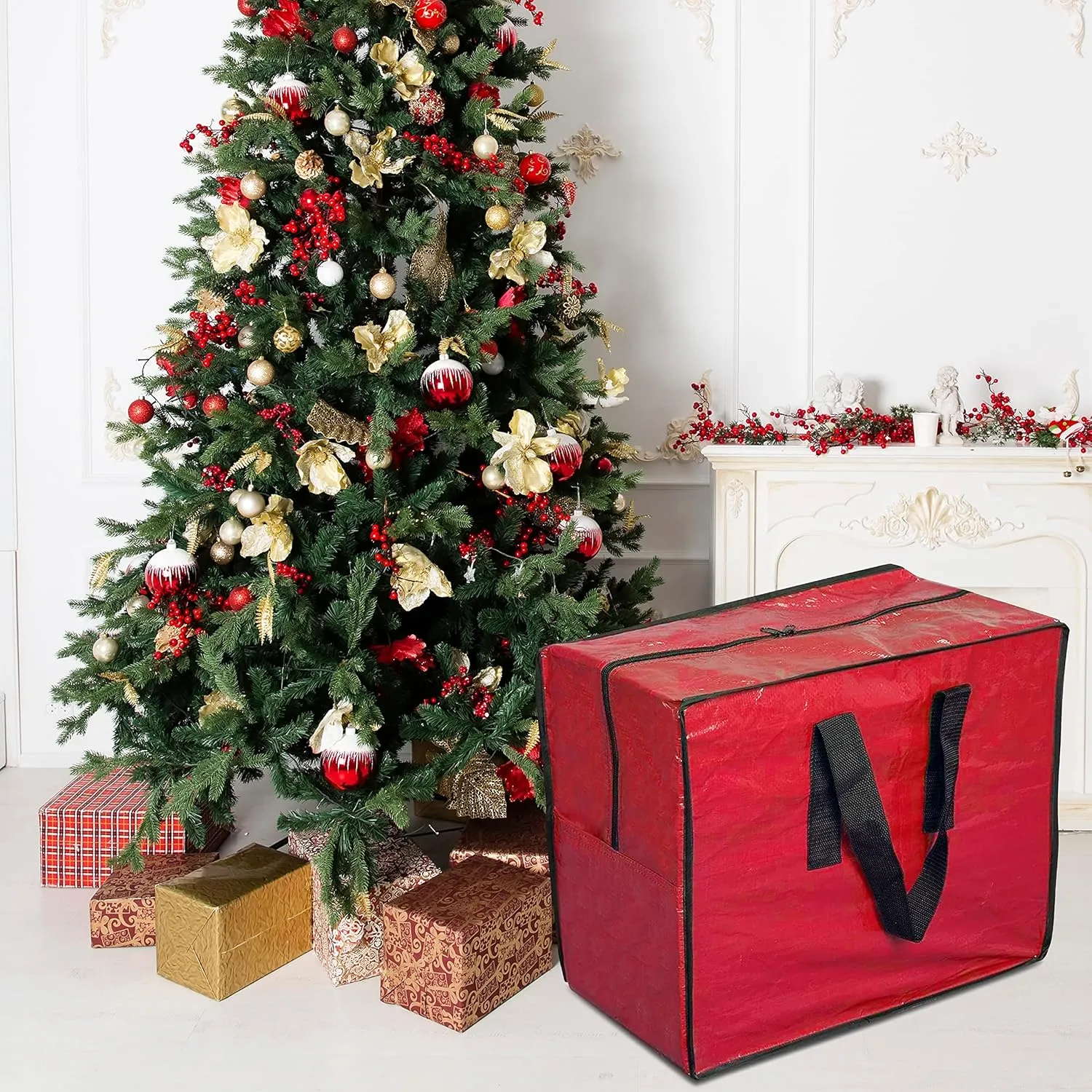 ProPik Christmas Ornaments Storage, Holiday Accessories Bag Tear-Proof Tarp 18 X 10 X 15 with Handles and Full Length Zipper (Red)