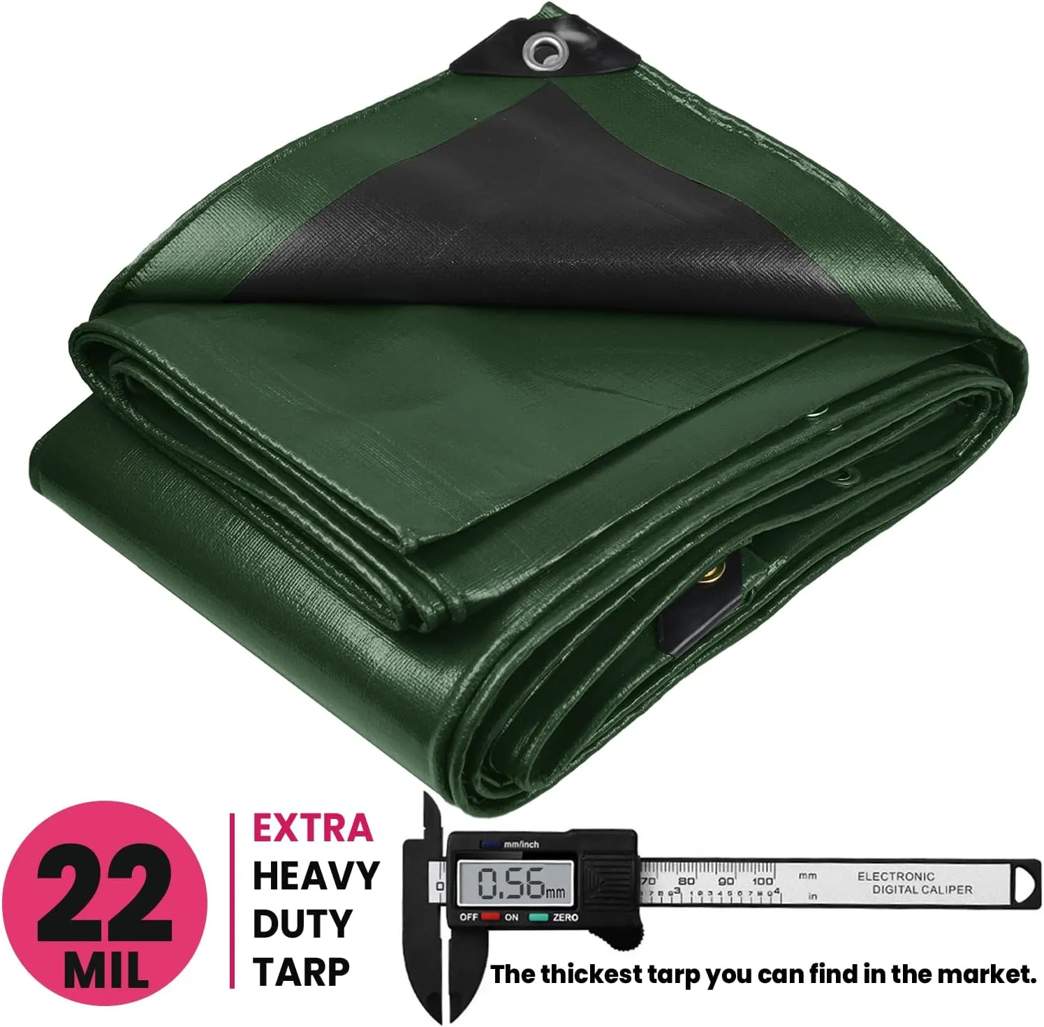 PROTARP Extreme Heavy Duty 22 Mil Tarp Cover, Waterproof, UV Resistant, Rip and Tear Proof, Poly Tarpaulin with Reinforced Edges for Roof, Camping, Patio, Pool, Boat. (Green/Black 12′ X 25′)