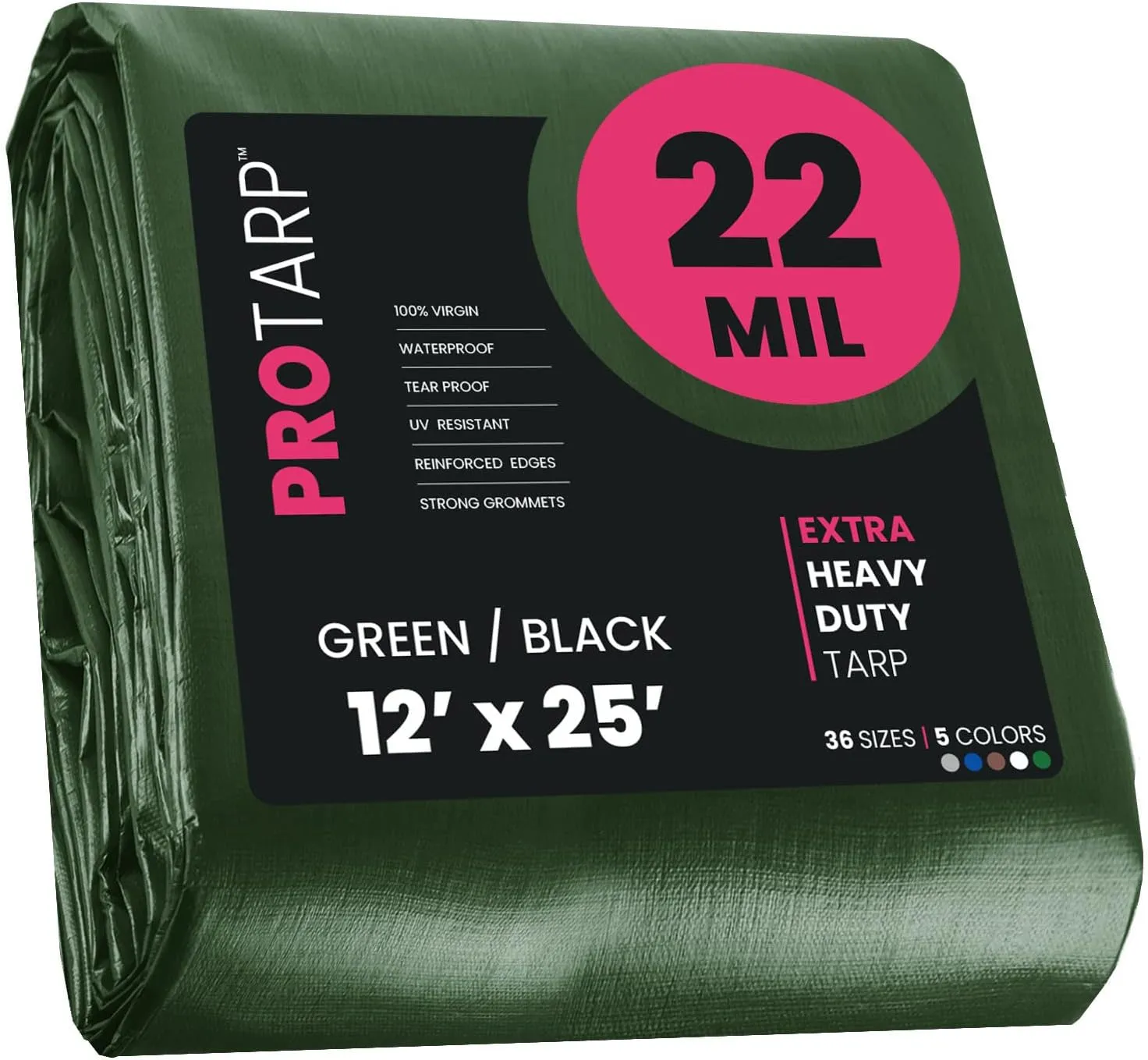 PROTARP Extreme Heavy Duty 22 Mil Tarp Cover, Waterproof, UV Resistant, Rip and Tear Proof, Poly Tarpaulin with Reinforced Edges for Roof, Camping, Patio, Pool, Boat. (Green/Black 12′ X 25′)