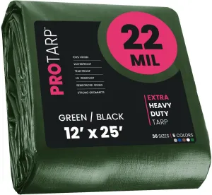 PROTARP Extreme Heavy Duty 22 Mil Tarp Cover, Waterproof, UV Resistant, Rip and Tear Proof, Poly Tarpaulin with Reinforced Edges for Roof, Camping, Patio, Pool, Boat. (Green/Black 12′ X 25′)