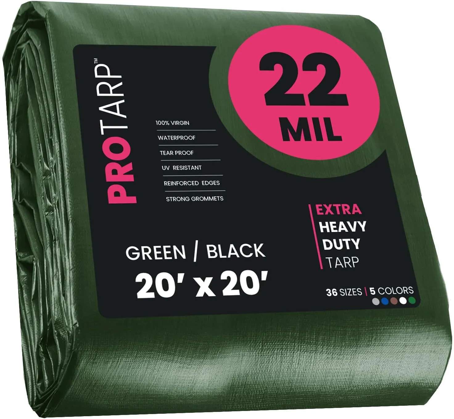 PROTARP Extreme Heavy Duty 22 Mil Tarp Cover, Waterproof, UV Resistant, Rip and Tear Proof, Poly Tarpaulin with Reinforced Edges for Roof, Camping, Patio, Pool, Boat. (Green/Black 20′ X 20′)