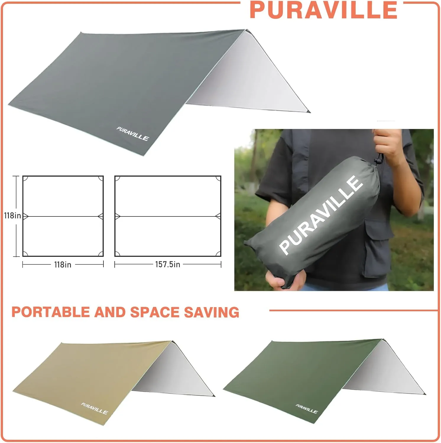Puraville 12x10 ft Rectangle Lightweight Camping Tarps, Portable Waterproof Hammock Rain Fly Tent Tarp for Camping Backpacking, Grey